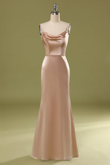Simple Champagne Cowl-Neck Satin Long Dress
